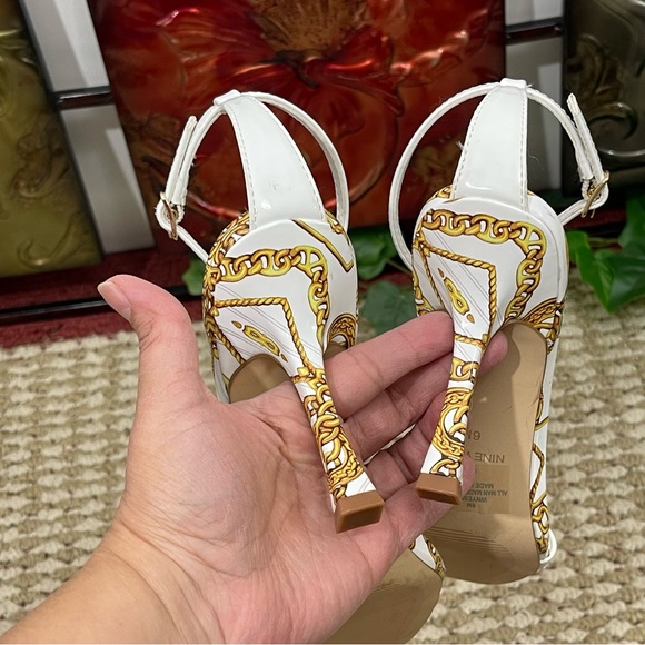 NINE WEST Yess Square Toe Tapered Heel Dress Sandals in White Chain Multi Size 6 - Picture 9 of 11